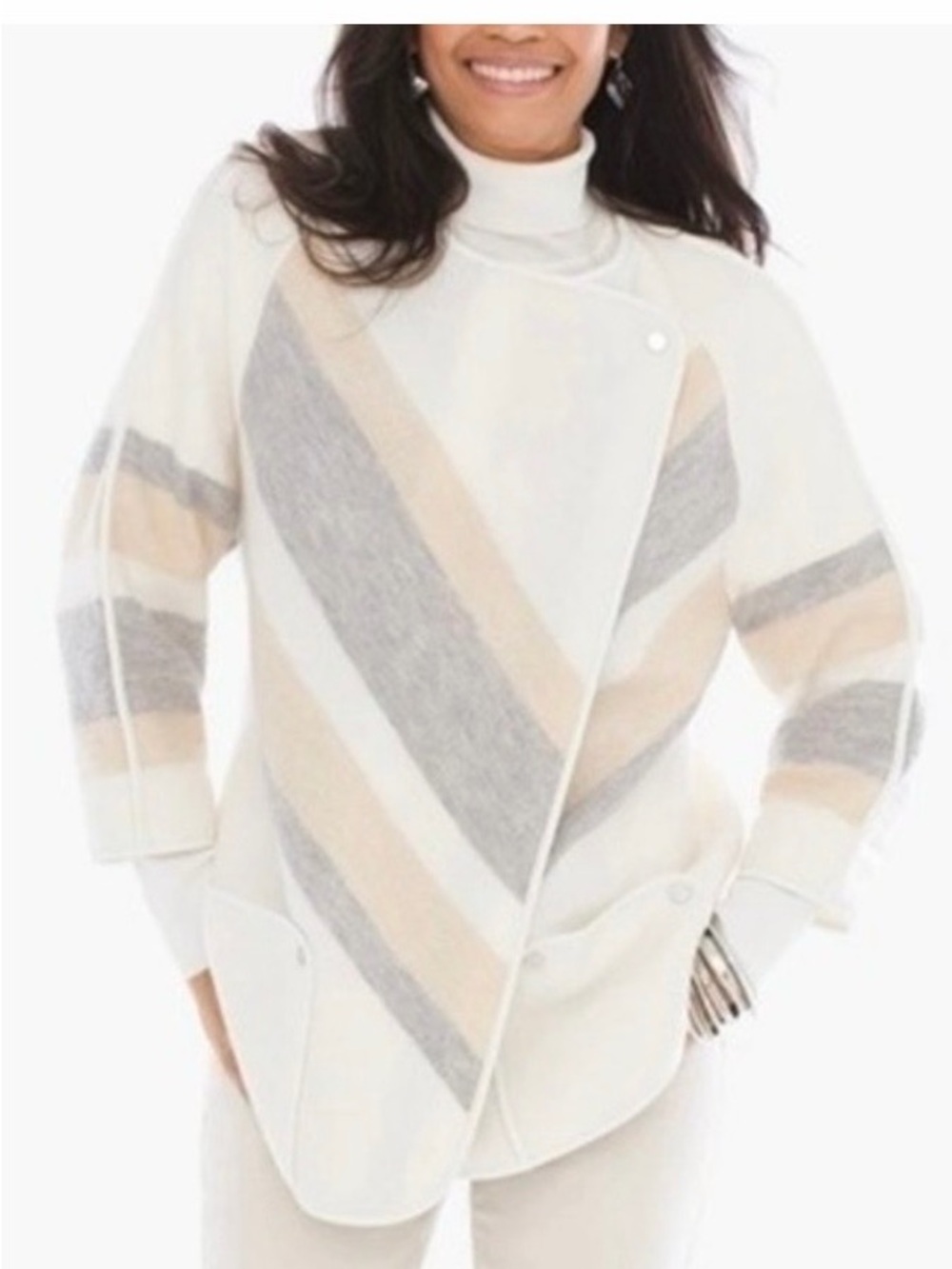 Chico's Yarn dye boiled Wool Jacket with Chevron Gray & Beige Stripes, Size 3